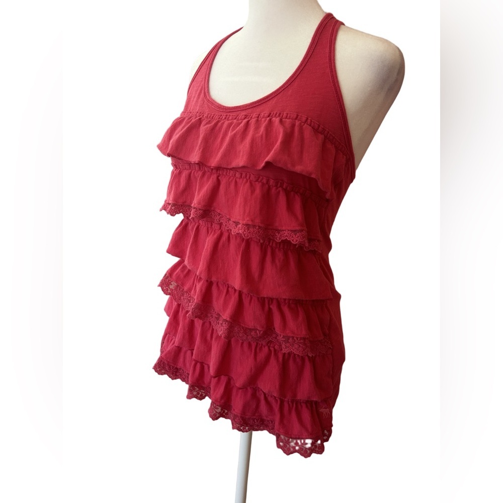 Y2K vintage Abercrombie & Fitch pink tiered eyelet ruffle racerback tank top S - Picture 2 of 8